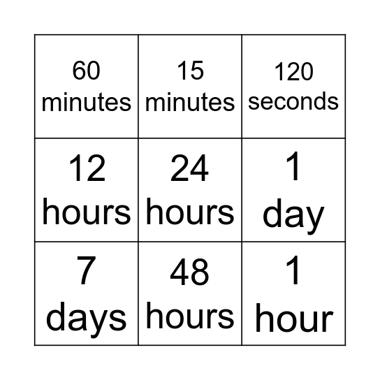 Converting Time Bingo Card