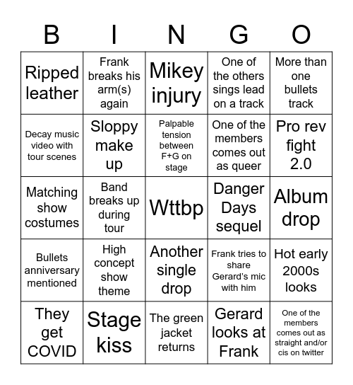 MCR Tour Bingo Card