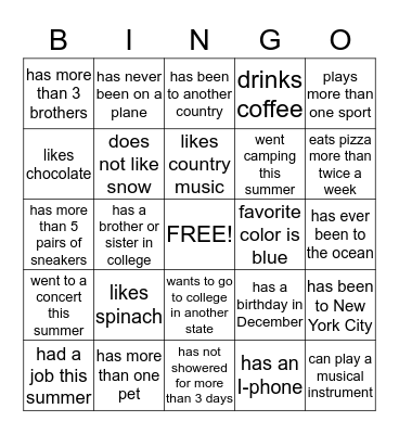 Getting To Know You Bingo Card