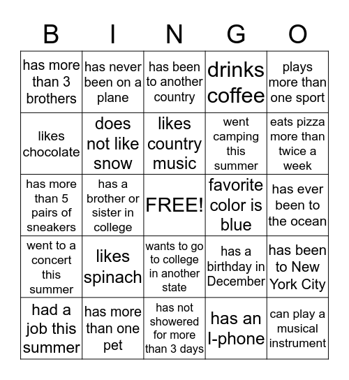 Getting To Know You Bingo Card
