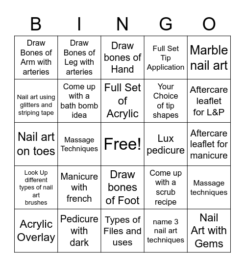 Nail Tech Assignment Sheet Bingo Card