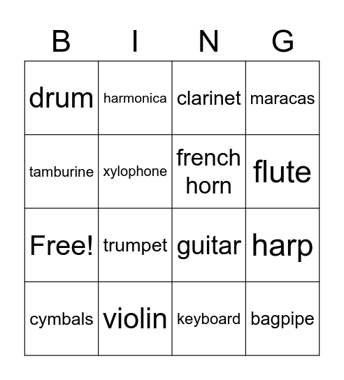 Musical Instruments Bingo Card