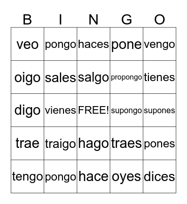 Verbs with Irregular "YO" forms Bingo Card