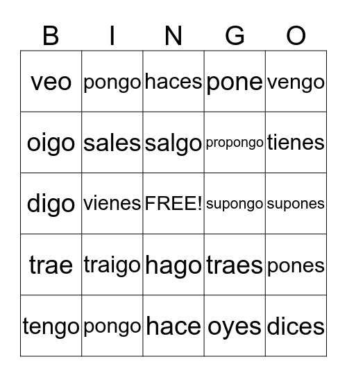 Verbs with Irregular "YO" forms Bingo Card