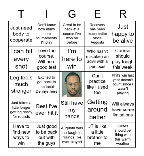 Tiger Woods Presser Bingo Card