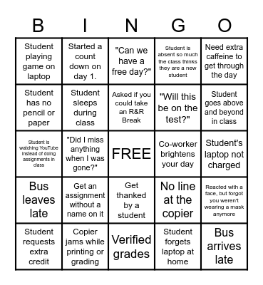 Teacher of the Year Bingo Card