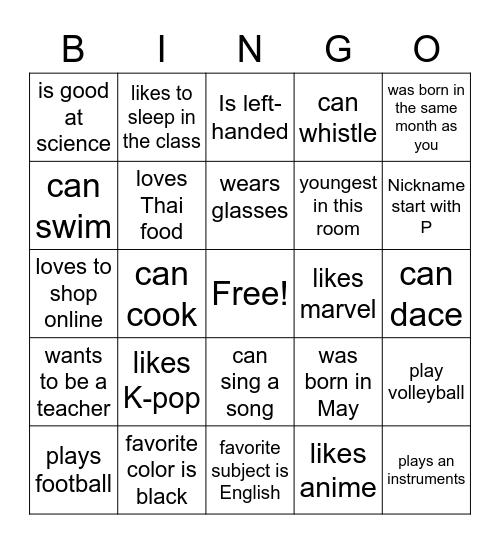 Get to know you Bingo Card