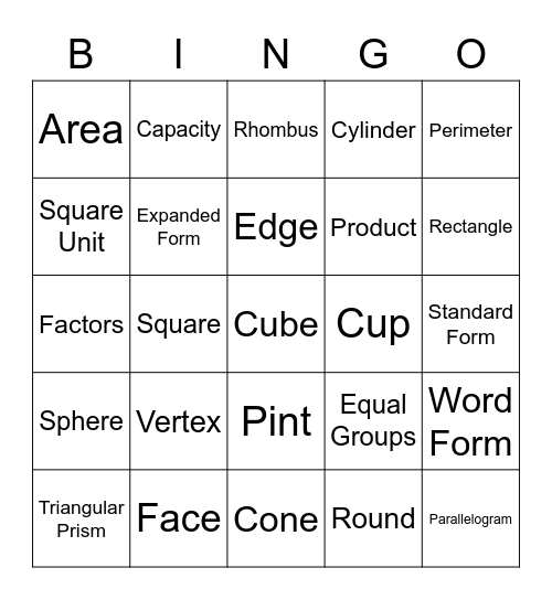 3rd Grade Math Vocabulary Bingo Card