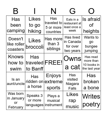 Getting to know you Bingo Card