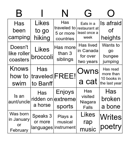 Getting to know you Bingo Card