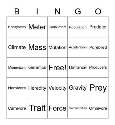 8th Vocabulary Bingo Card