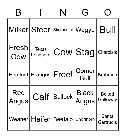 Beef Terminology Bingo Card