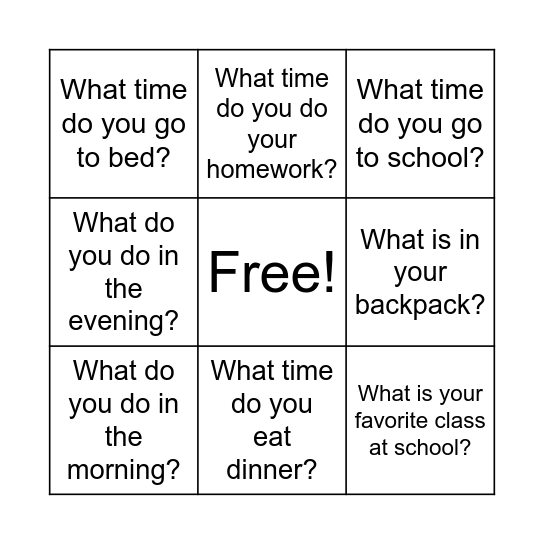 Classmate Interviews Bingo Card
