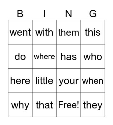 Sight words Bingo Card