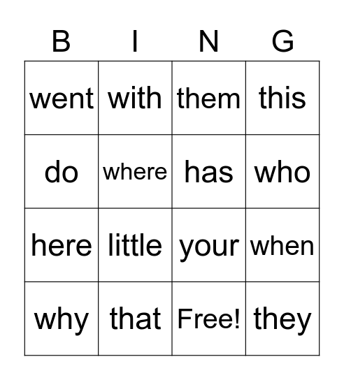 Sight words Bingo Card