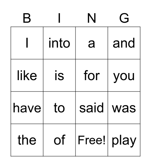Sight words Bingo Card