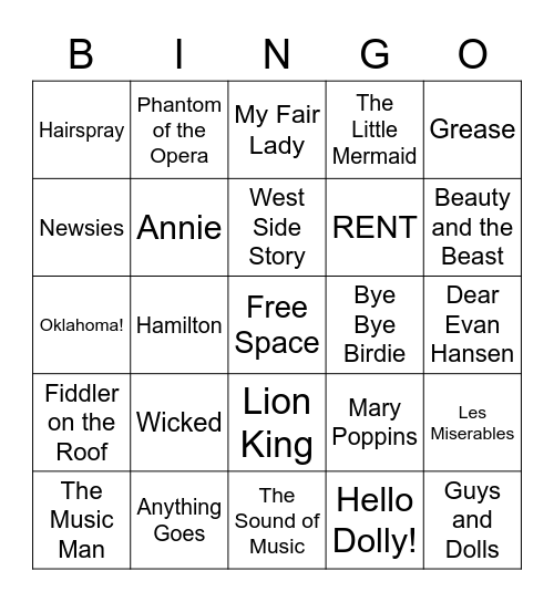Musical Theatre Bingo Card