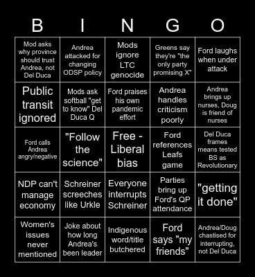 2022 Ontario Election Bingo Card