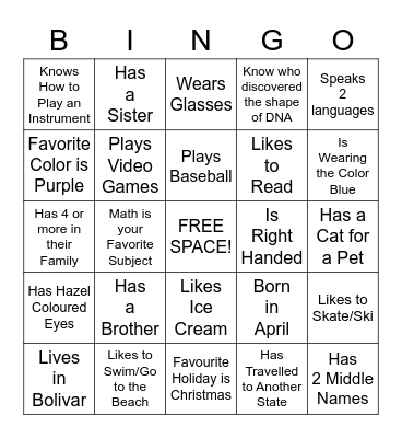 "Get to Know Me" Bingo Card