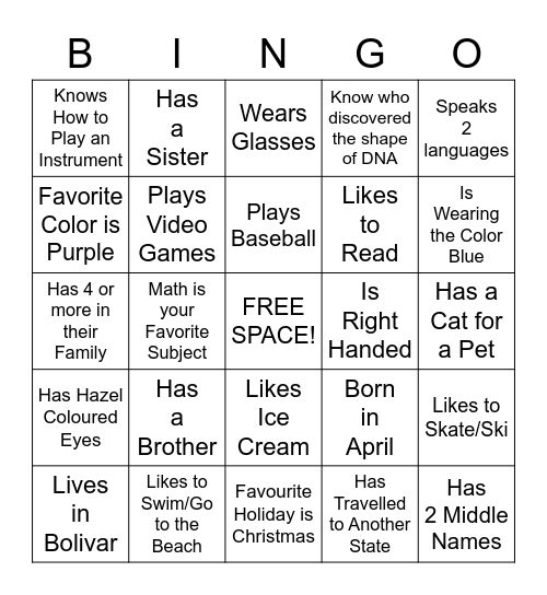 "Get to Know Me" Bingo Card