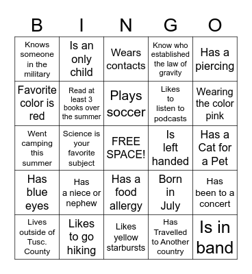 "Get to Know Me" Bingo Card