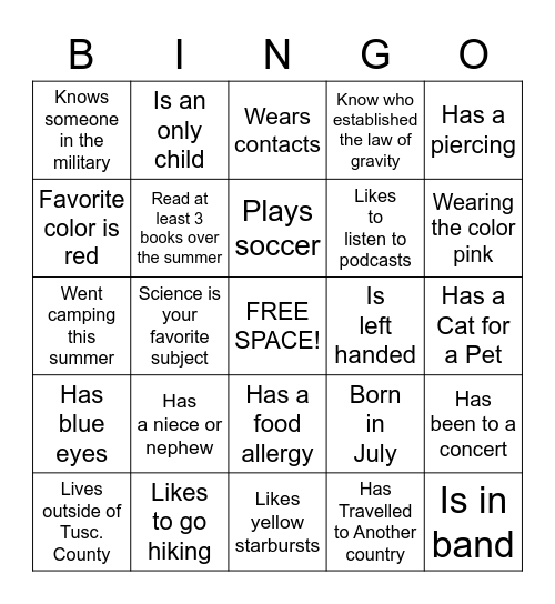 "Get to Know Me" Bingo Card