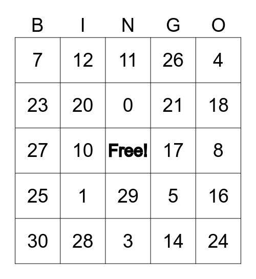 Number Bingo Card