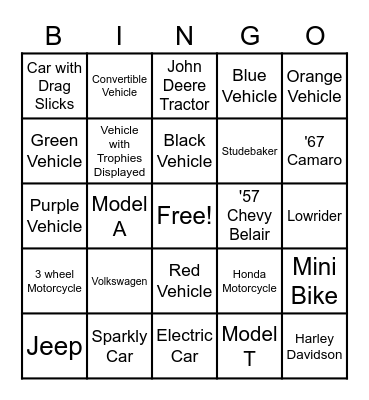 Car Show Bingo Card