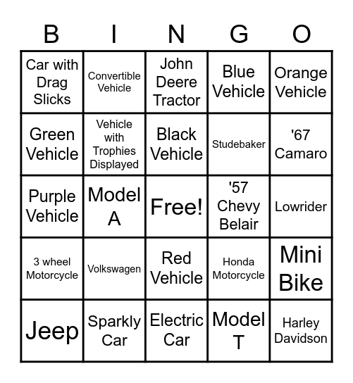 Car Show Bingo Card