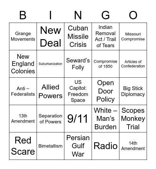 US History Bingo Card