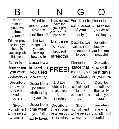 Positive Psychology Bingo Card