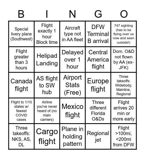 Aviation Bingo Card
