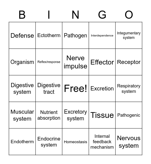 Body Systems Interactions Bingo Card