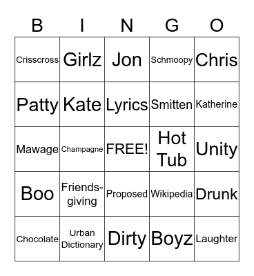 Silent Wedding Bingo Card
