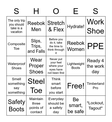 Safety Shoe Bingo Card