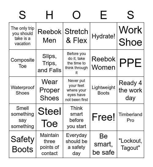 Safety Shoe Bingo Card