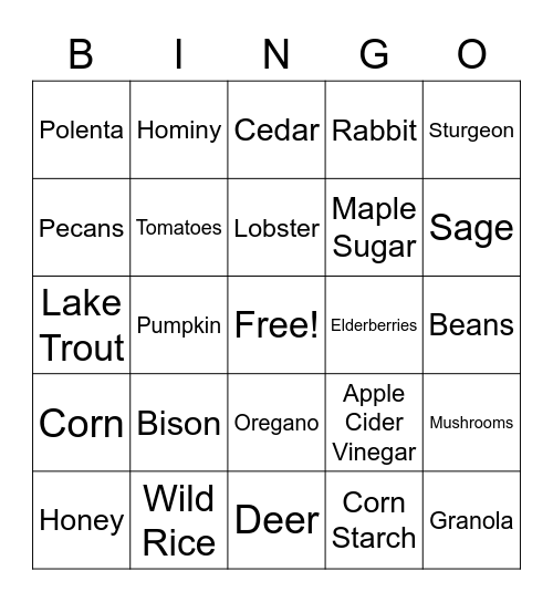 Indigenous Food Pantry Bingo Card