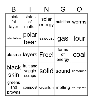 Third Grade Science Concepts Bingo Card