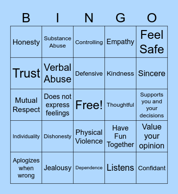 Healthy Realationships BINGO Card