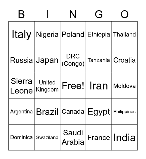 Countries BINGO Card