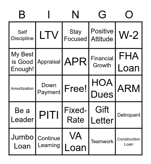 MORTGAGE BINGO! Bingo Card