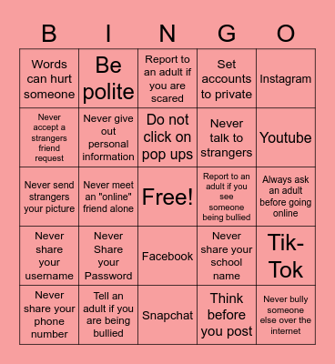 Internet Safety Bingo Card