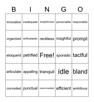 Vocabulary Review Bingo Card