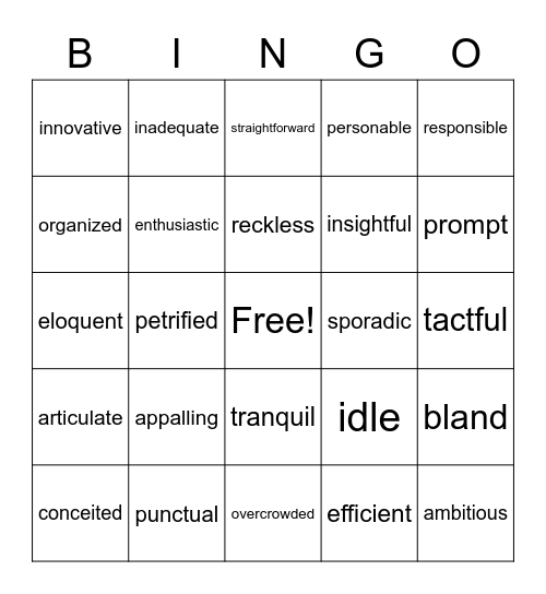 Vocabulary Review Bingo Card