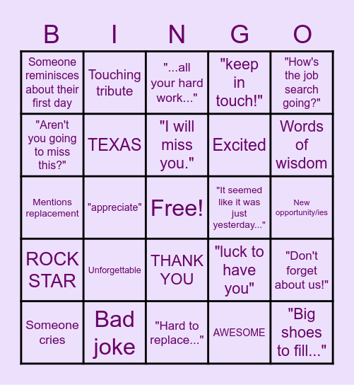 So Long, Farewell Bingo Card