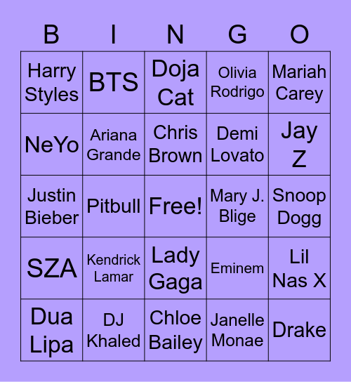 Pop Bingo Card