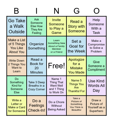 Social Emotional Learning Bingo Card