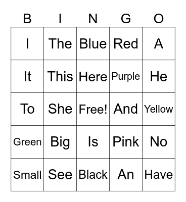 Sight words and Color Words Bingo Card
