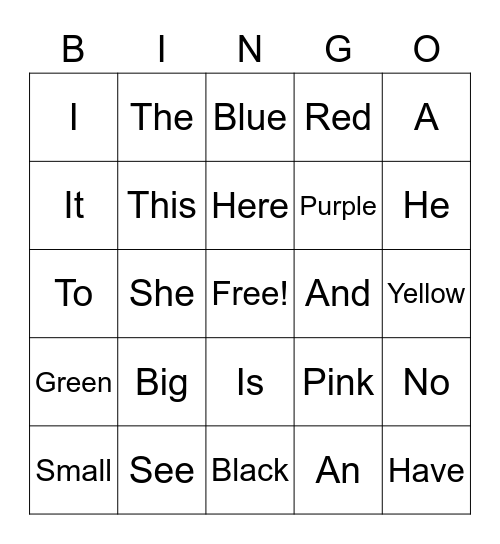 Sight words and Color Words Bingo Card