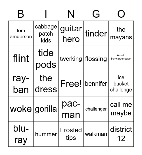 Pop Culture Bingo: 80's, 90's, 2000's, 2010's Bingo Card